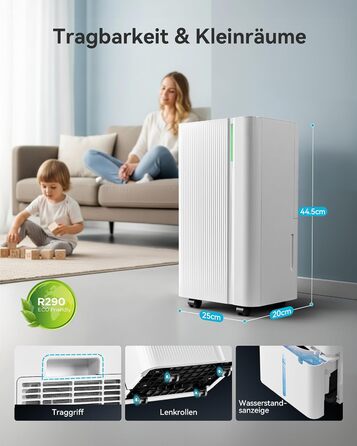 Електричний осушувач повітря EUHOMY 12L/24h - тихий, енергоефективний, з відведенням води, автоматичним розморожуванням, 3 режими, для квартири 25м²/122м³