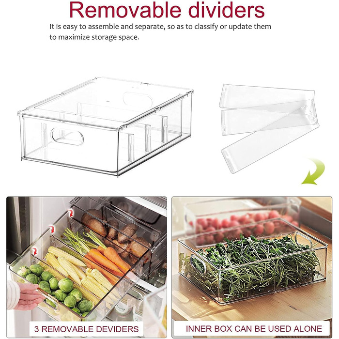 Refrigerator Organizer Drawer Set with Handle, 3-Piece Stackable Kitchen Storage Boxes with Pull-Out Drawer & Lid for Vegetables, Berries, Meat | PET Plastic Food Storage Containers