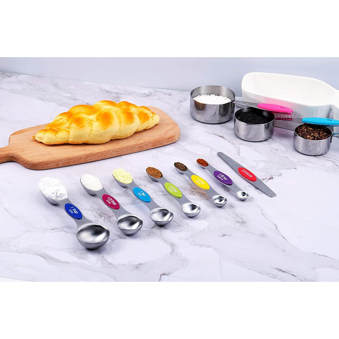 TILUCK Measuring Cups and Magnetic Measuring Spoons, Stainless Steel Measuring Cups, 6 Double-Sided Stainless Steel Measuring Spoons and 1 Leveler (5+7)