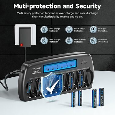 Зарядний пристрій CITYORK для акумуляторів AA/AAA з LCD-дисплеєм, 12 слотів, NI-MH/NI-CD, з розрядом та захистом IC