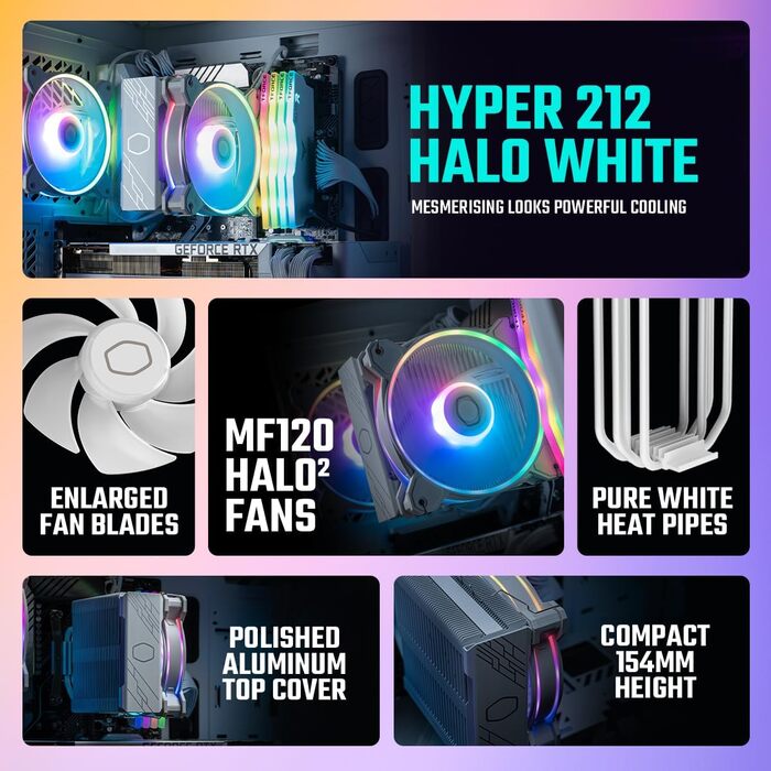 Cooler Master Hyper 212 Halo White - Кулер для CPU з RGB підсвічуванням, чорний, LGA1700/AM5