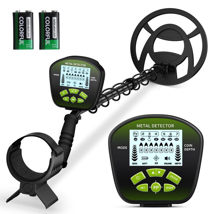 Металошукач з водонепроникною котушкою, регульована штанга, регульована довжина, чутливість та аудіо, легкий для дорослих та дітей, режими 'Всі метали', 'DISC', 'PP', LCD-дисплей