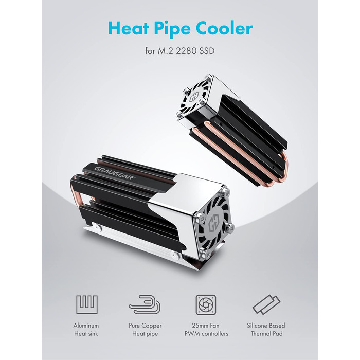 Охолоджувач SSD M.2 NVMe 2280 GrauGear з вентилятором PWM, тепловою трубою та термопадом