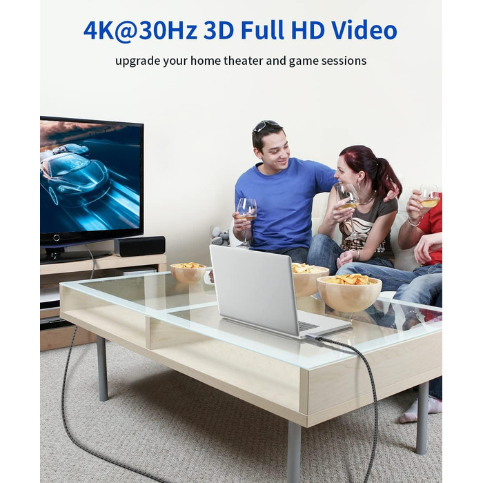 Кабель DisplayPort до HDMI JSAUX 2м, 4K@30Hz, 2K@60Hz, 1080P@120Hz, позолочений, обплетення, алюмінієва оболонка, для комп'ютерів Lenovo, HP, Dell, AMD, NVIDIA