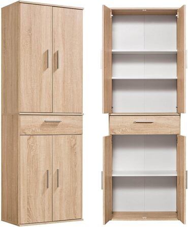 Multipurpose cabinet 60cm wide with drawers 'The Practical', small office cabinet or filing cabinet, also as a shoe cabinet or storage cabinet in 60x90x34 cm (W/H/D) in White (Height 180CM, Sonoma Oak -69)