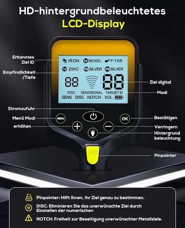 Металодетектор професійний для дорослих та дітей – водонепроникний, з LCD-дисплеєм та спіральною котушкою 25 см, бездротовий, складної конструкції, з акумулятором 2000mAh – високоточний, жовтий