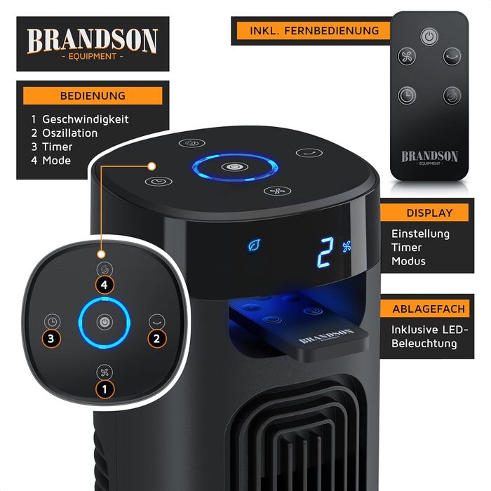 Вентилятор підлоговий Brandson з LED дисплеєм та пультом дистанційного керування - 3 швидкості, поворотний, надтихий