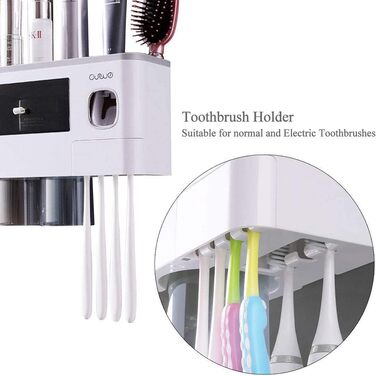 Automatic Toothpaste Dispenser Wall-Mounted, Space-Saving Toothbrush Holder for Bathroom, 2 Transparent Magnetic Cups, 6 Toothbrush Slots, 1 Cosmetic Organizer Drawer (2 Cups)