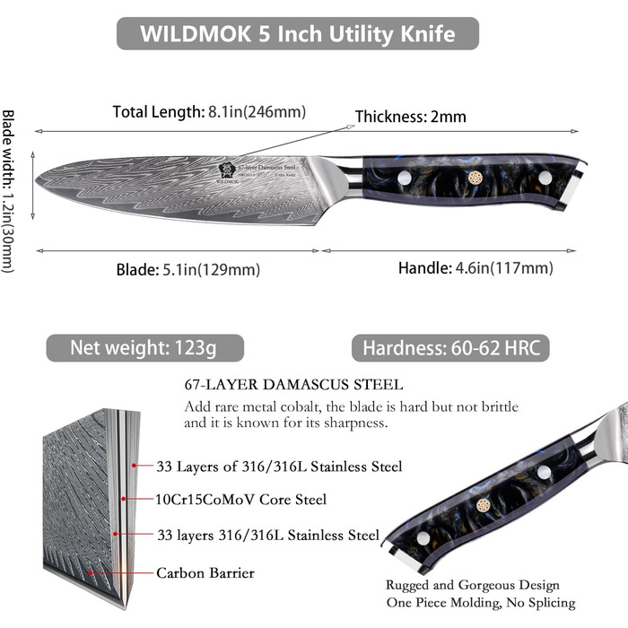 Кухонний ніж WILDMOK, 12 см, з японської сталі VG-10, з ергономічною ручкою з кольорового харчу, подарункова коробка