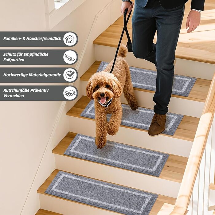 Ковзаючі килимки на сходи COSY HOMEER, 70x22 см, 15 шт., самоклеючі, з антиковзаючою основою, машинне прання, 100% поліестер, TPE, сірий колір