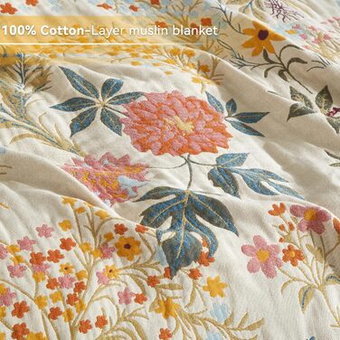 Богемна ковдра Boho 100% бавовна, м'яка ковдра з мусліну, плед 150x200 см, ковдра на диван та ліжко, декоративна ковдра, літня ковдра для вітальні, зелено-бежева (200 x 230 см, квітковий сад)