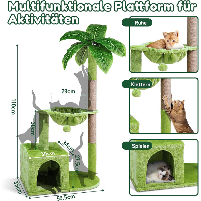 Zonema Kratzbaum-Kratzstamm Scratching Post with 80 cm Scratching Column for Small and Large Cats, Sisal Rope Cat Scratching Post with 1 Interactive Ball, Scratching Pole Cat Furniture, For Indoor Activity, Play (Cat Tree 110 cm tall, Green)