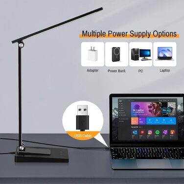 LED лампа настільна Eraylife: бездротова, 800LM, 2600mAh, 5 кольорів, 5 рівнів яскравості, диммування, для дітей, офісу, з USB, чорна