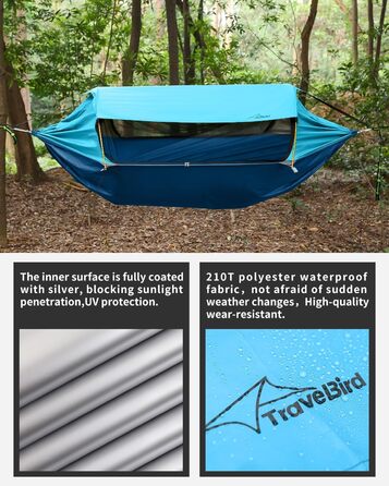 Гамак для кемпінгу 4-в-1 з москітною сіткою та знімним сонцезахистом, 290x140 см, для відпочинку на природі, пікніків, походів та подорожей, армійного кольору (106x55 см, блакитний)