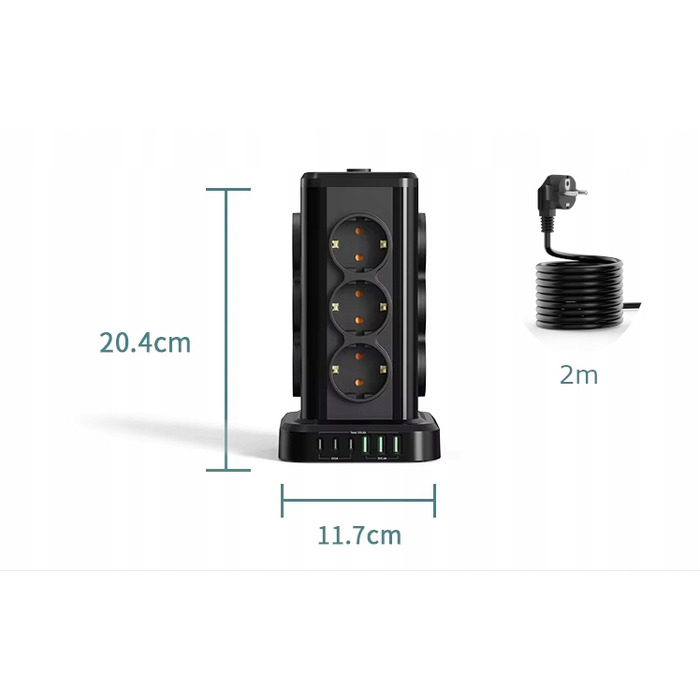 Мережевий фільтр Perys: 12 розеток, 3x USB-A, 3x USB-C, 2 м, чорний