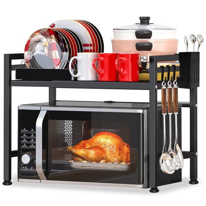 Регульована полиця для мікрохвильової печі, 2-ярусна розширювана кухонна полиця на стільницю, кухонна полиця зі сталі, полиця для мікрохвильової печі з 8 гачками, тримач для кухонного приладдя, чорний