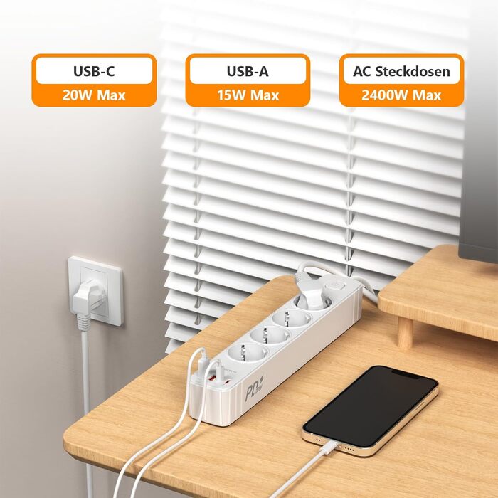 Мережевий фільтр 4 розетки з 2 USB-A та 2 USB-C (PD20W), захист від перенапруги, вимикач, 2м кабель, для дому/офісу, білий