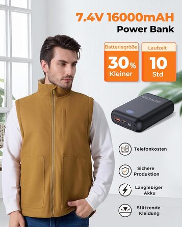 Електрична гріюча жилетка для чоловіків з Powerbank 16000mAh, 7,4V, 9 зон обігріву, канвас, фліс, регулювання температури, khaki XXL