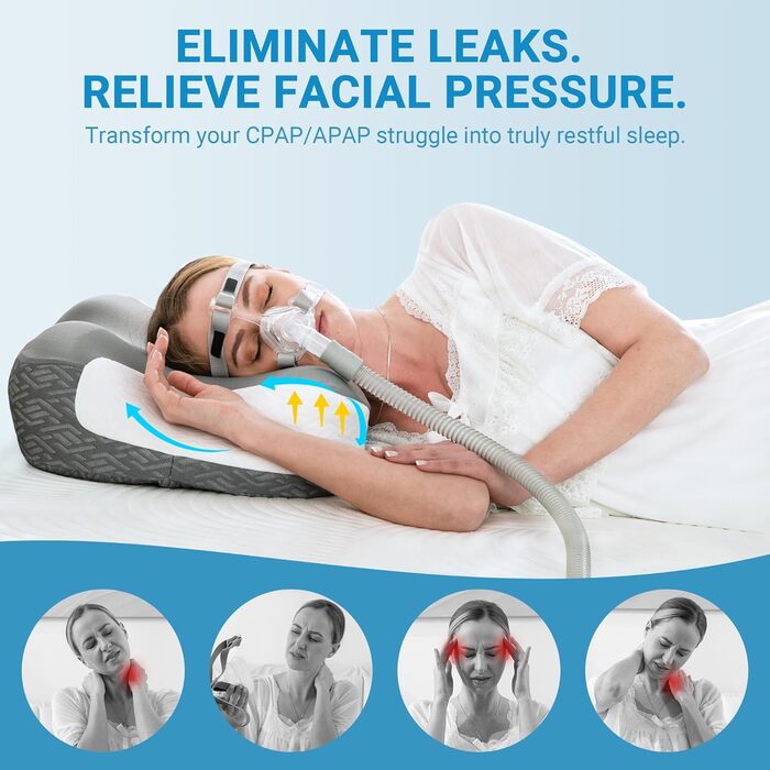 Подушка CPAP Elviros з піни Memory Foam для сну на боку, регульована по висоті та жорсткості, сумісна з масками, сіра (Нейлон, Еластан)