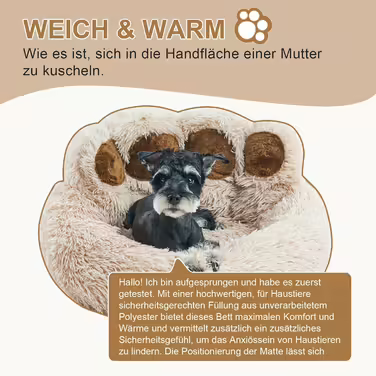 Jiupety Pet Round Dog Bed in Paw Shape, Soothing Donut Dog Bed, Faux Fur Cat Bed, Medium Size. The diameter is 56cm, comfortable and soft, machine washable (L 66 cm x W 66 cm x H 20 cm, Camel)