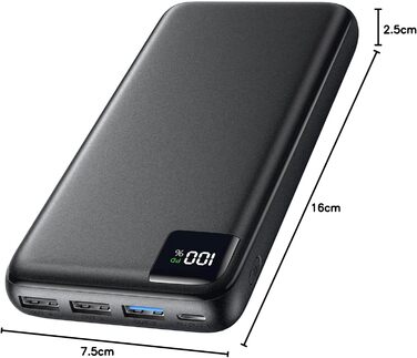Power Bank SOARAISE 27000mAh з LED-дисплеєм: зарядний акумулятор для телефону та планшета, 4 виходи, USB-C, чорний