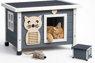 Преміум котячий будиночок Zooprinz з дерева – котяча кістка з дахом, що відкривається, вікном та створками – сизаль на котячому боксі – стійкий до погодних умов для саду/балкону – внутрішній та зовнішній притулок (сірий-білий, стандарт)