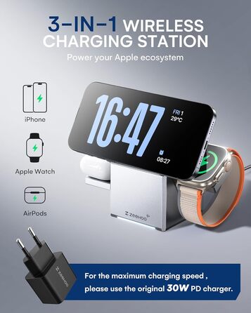 ZEEHOO 3-в-1 зарядний станція для Apple MagSafe: зарядка для iPhone, Apple Watch та AirPods (30W USB-C), сірий