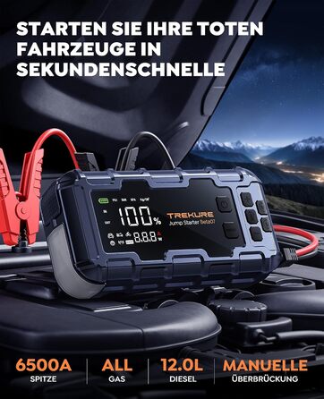Powerbank TREKURE зі стартером для авто 160PSI, 6500A, PD 45W, LED 600 Lumen, подвійний старт (бензин/дизель до 12.0L)