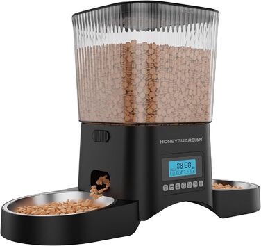 Автоматичний годівник для котів та собак HoneyGuardian з 2 мисками, таймером та великим об'ємом 3.5L, чорний