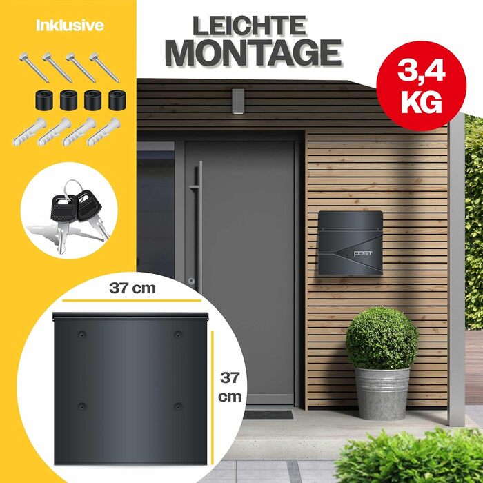 Поштовий ящик KESSER з газетницею, нержавіюча сталь, сріблясто-антрацитовий, 2 ключі, настінний монтаж, з м'яким закриттям кришки, комплект для кріплення