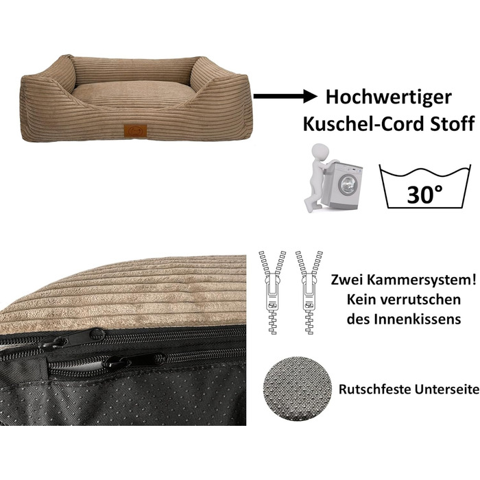 Ортопедичне ліжко для собак Elropet з м'якого корду, кошик для собак, XS/S/M/L/XL/XXL, Оливковий, Капучино