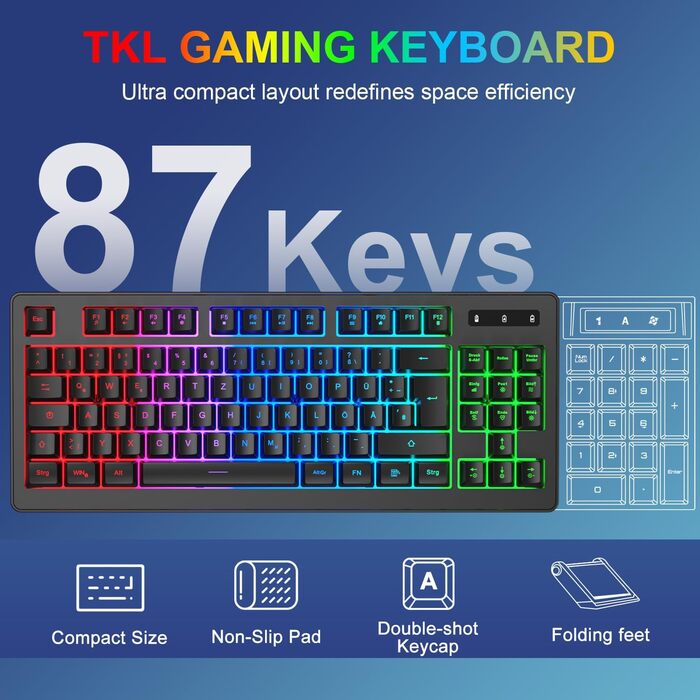 Бездротовий ігровий набір клавіатури та миші, DE Layout QWERTZ, RGB підсвічування, ергономічна миша, компактна клавіатура для PC, Mac, Xbox, PS5