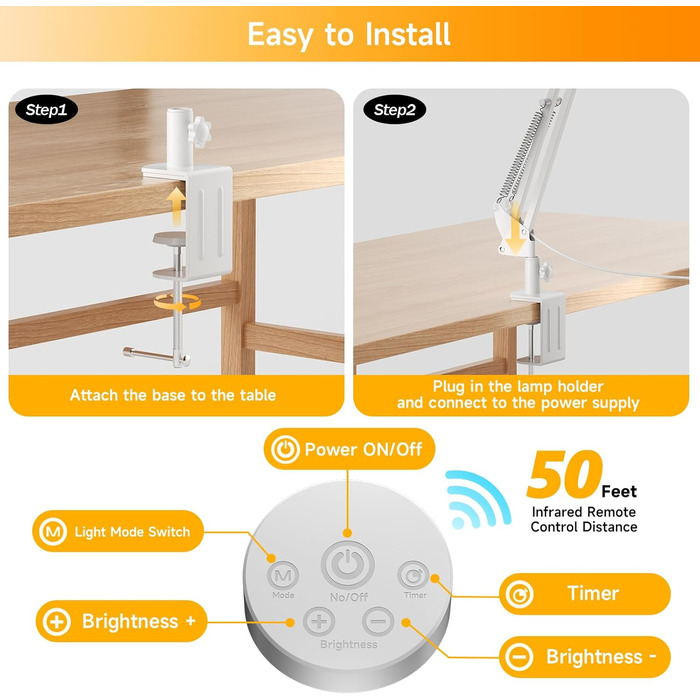 SKYLEO LED Desk Lamp with Dual Heads, Remote Control, Clamp-On, 2400 Lumens, 24W, 5 Color Temperature Modes, Timer & Memory, Easy Installation - For Office, Reading, 76cm Lamp Length with Clamp