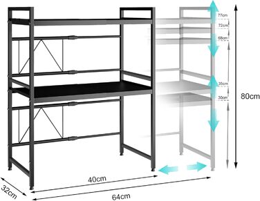 Регульована підставка для мікрохвильової печі, 2-рівнева розширювана, з вуглецевої сталі, з 8 гачками, органайзер для кухні (1 шт, чорний)