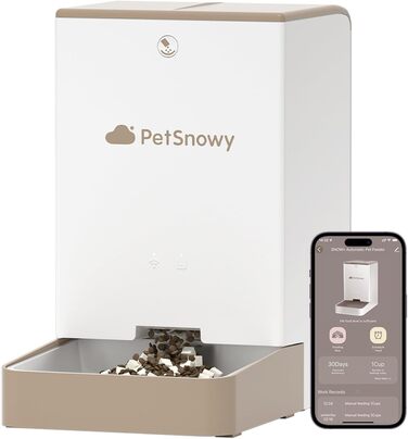 Автоматичний годівниця для котів та собак PetSnowy 4L з Wi-Fi, керування через додаток, подвійне живлення, 3-ох Frische-Lock, 1-10 прийомів їжі на день, Creamweiß (Braun)