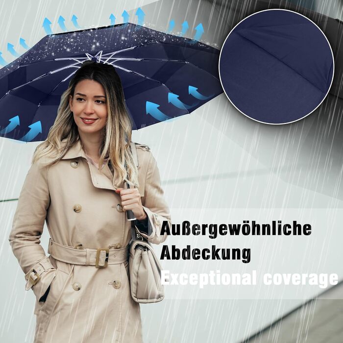Зонт Herreicher туристичний автоматичний штормостійкий - легкий алюмінієвий каркас, компактний, складаний, двошаровий, тканина 210T, розмах 102 см, 10 спиць, для чоловіків/жінок/дітей/літніх людей (синій)