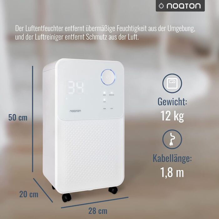 Зволожувач повітря та очищувач повітря Noaton DF 4114, 13.5 л/день, для приміщень до 25 м²/63 м3, 180 Вт, шланг для зливу, сушка білизни, таймер, проти вологи та плісняви, білий DF 4114 / 25 м2