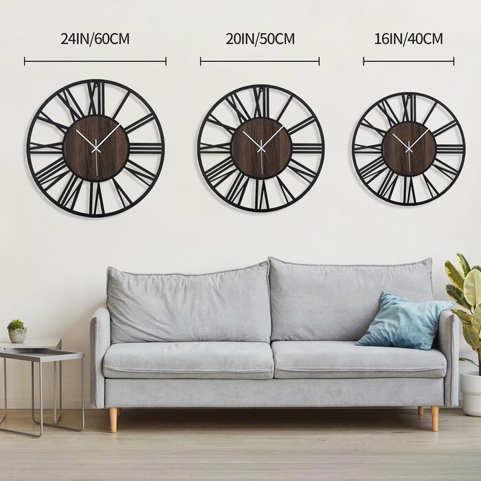 HAITANG Round Wall Clock, Black, 34 cm, for Living Room, Decoration, Vintage Style, Roman Numerals, Silent, Non-Ticking, Wall Clocks for Home, Garden, Office, Cafe Decoration (50 cm, Black)
