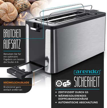 Тостер Arendo з нержавіючої сталі, 4 слоти, підігрів, підставка для бургерів, 1400 Вт, лоток для крихт, дисплей з таймером, сріблястий