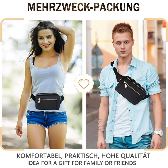 Чоловіча та жіноча поясна сумка Bauchtasche, стильна сумка на пояс для фестивалю, з регульованим ремінком та кількома кишенями, чорна. Підходить для бігу, спорту, прогулянок з собакою.