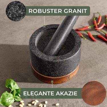 Набір для стукання WALDWERK: ступка та пестик з граніту на дерев'яній основі з дуба