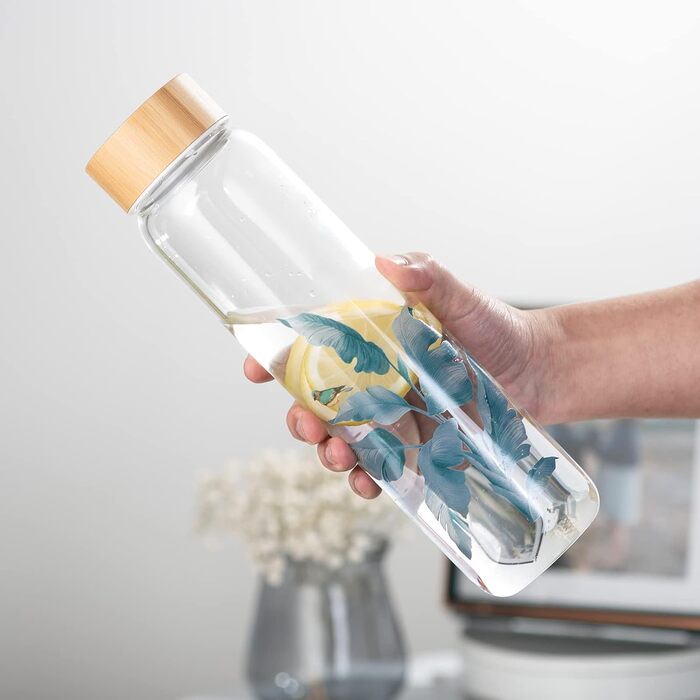 Glass Drinking Bottle 1L Glass Water Bottle with Bamboo Lid 1 Liter (1000ml) (Bird 1liter)