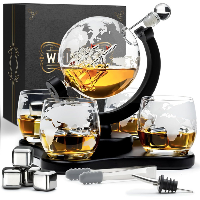 Whiskey Carafe Set - Whiskey Gift Set - Gifts for Men - Men's Gifts Gift - Birthday Gift for Men - Globe Decanter 900ML, Gift Box, 4 Whiskey Glasses, 4 Whiskey Stones