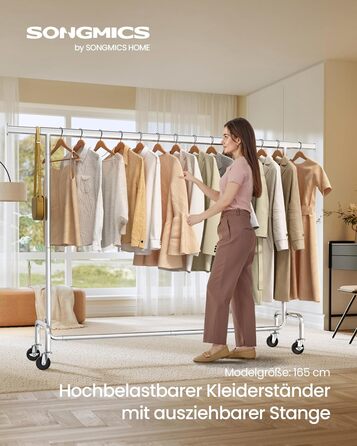 SONGMICS Clothes Rack on Wheels, Coat Rack, Heavy-Duty, Extendable Clothes Rod, Load Capacity up to 110 kg, 45 x (160-200) x 162.9 cm, Metal, Chrome, Silver HSR176E01