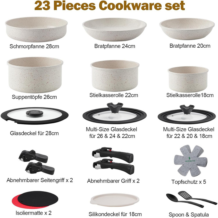 Набір посуду ROSSETTO 23 предмета з знімними ручками та керамічним антипригарним покриттям, складається для зберігання. Включає: каструлі, сковорідки, сотейники, казани. Без PFOA та PFOS.
