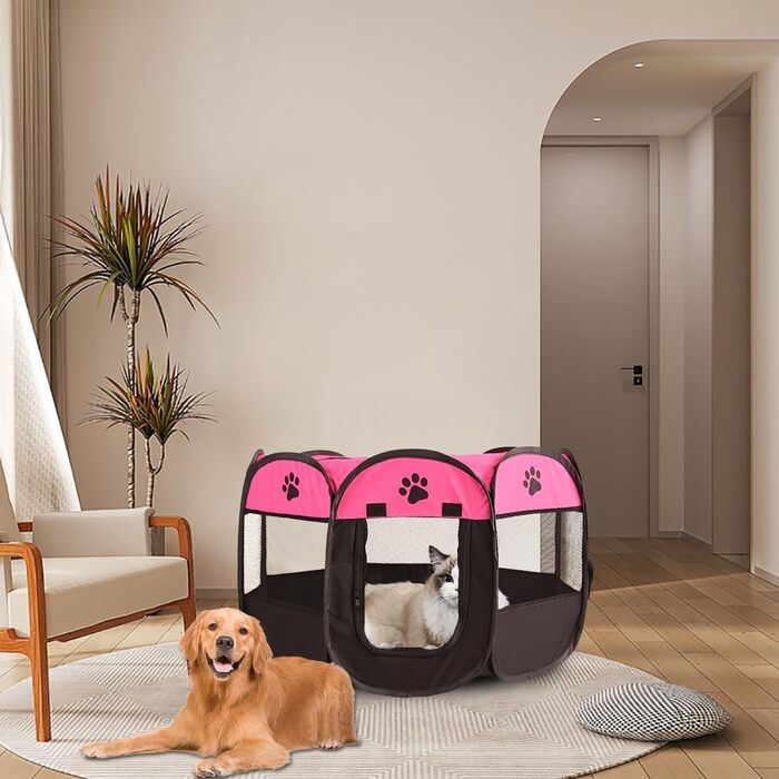 Розкладний вольєр для цуценят та котів, вольєр для тварин, 74x74x43 см, для собак, котів, кроликів, дрібних тварин (рожевий + чорний)