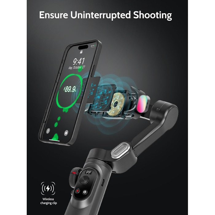 Стабілізатор для смартфона AOCHUAN Smart X Pro Kit: 3-осьовий гiмбал з RGB-фiллером, трекер обличчя, для iPhone/Android, чорний