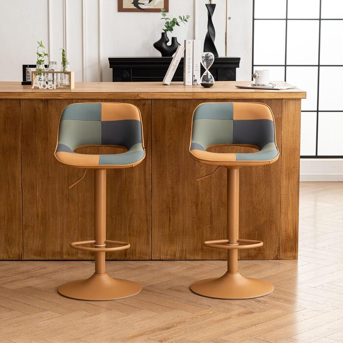 YOUNIKE 2-Piece Adjustable Bar Stools - Boho Patchwork Design, Swivel Kitchen Bar Chairs with Hollow Backrest - Yellow & Green