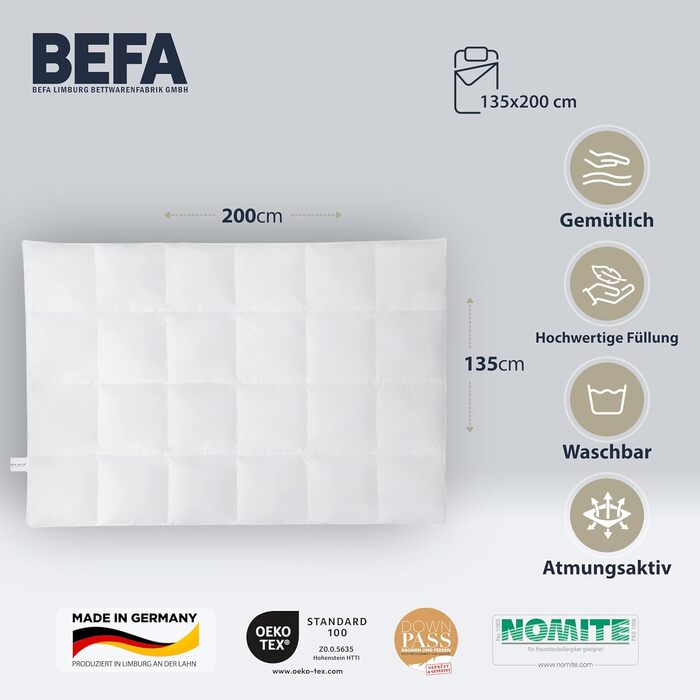Зимова ковдра BEFA NATUR 135x200 см, 60% пуху, 40% пера, для алергіків, сертифікат Öko-Tex, Downpass, 2 шт., Німеччина