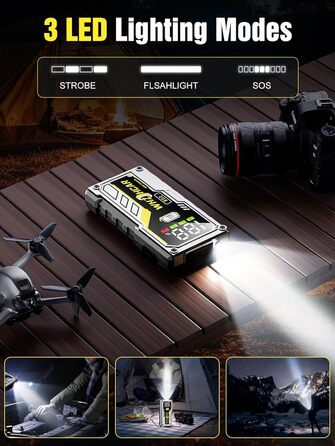 Powerbank Starthilfe 5000A з LCD екраном для автомобіля 12V. Зарядний пристрій для акумулятора авто з LED ліхтариком, підходить для 10л бензину або 9л дизеля. Срібний колір.